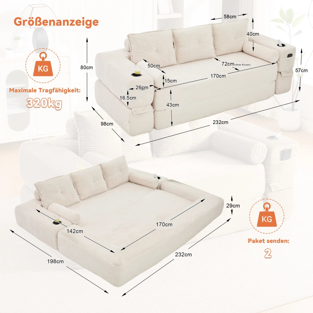 Divano letto modulare a 3 posti con tasche e portabicchieri in tessuto a coste beige
