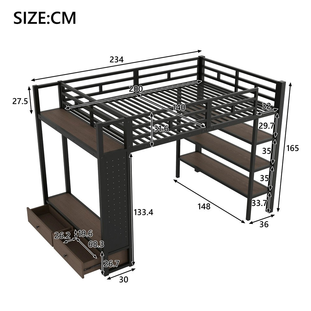 Letto a Soppalco 140x200 con Armadio, Ripiani, Pannello Forato e LED ¨C Xylo ¨C Nero Metallo