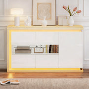 Credenza con LED ¨C MINIMAL ¨C Bianca, Ante in Vetro Temperato, Ripiani, 140x40x84