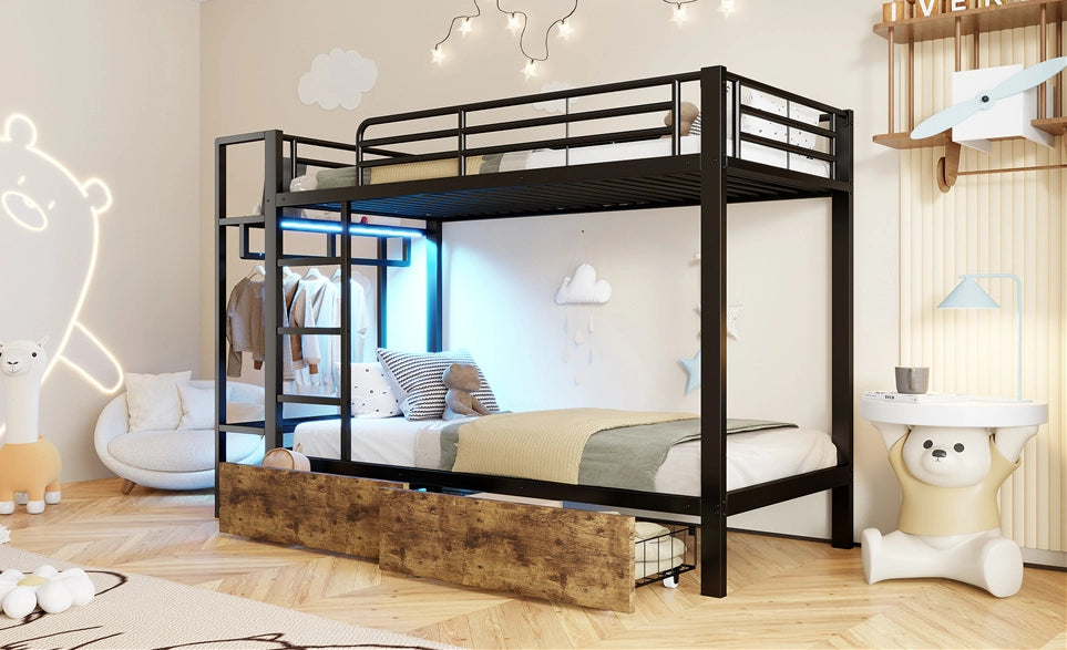 Letto a castello 90x200 cm con LED, cassetti e ripiani