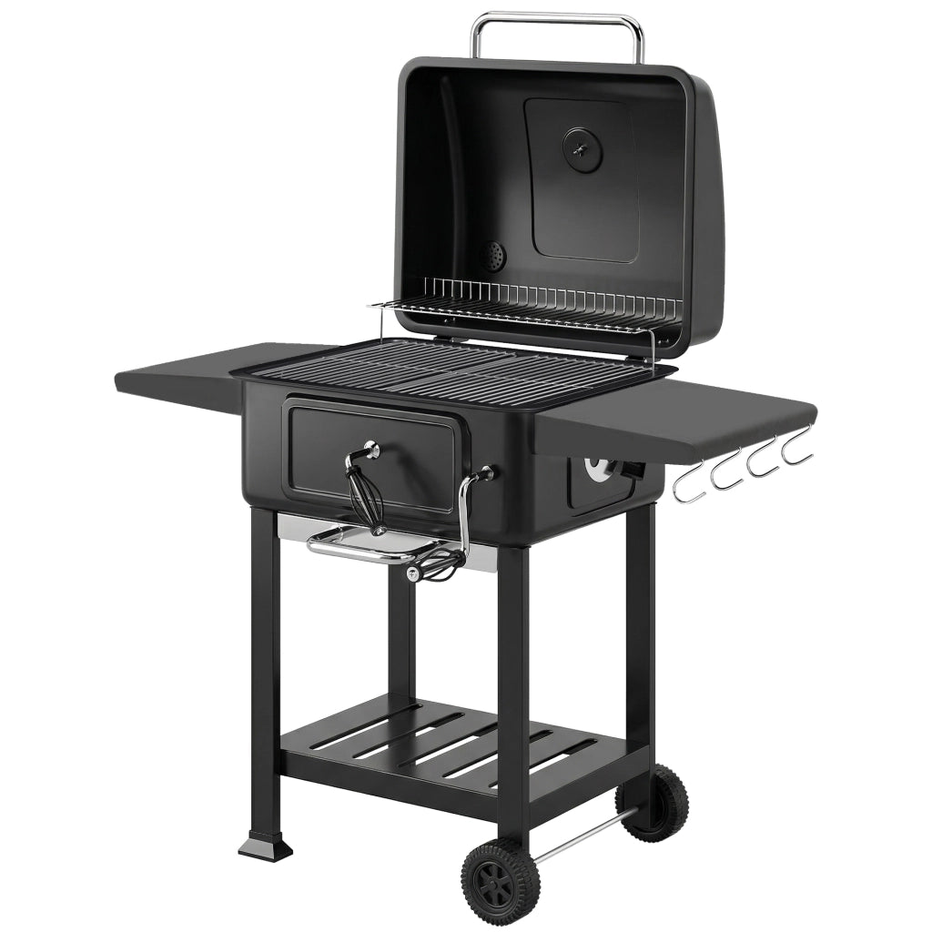 Barbecue a Carbone 112x65x115 cm Griglia Smoker con Ruote in Metallo e Acciaio Nero
