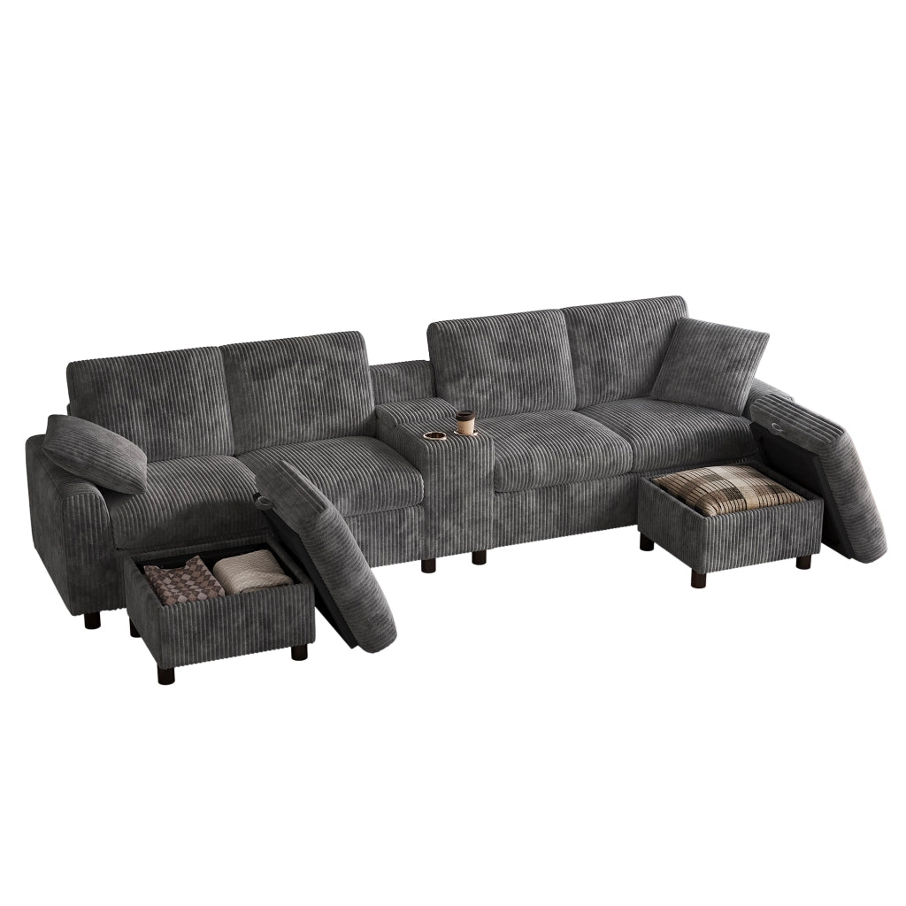 Divano panoramico a U con 2 pouf contenitore, tavolino, 1 USB, 2 Type-C e 2 prese, in velluto a coste Grigio, 315 × 135 × 81 cm