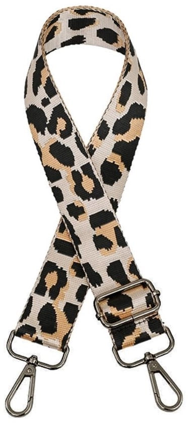 Cintura per spalle adattabile 75-130 cm - Tasca per borse - Disegno leopard - Cinturino nero - Poliestere 3,8 cm largo - Cinturino per spalle
