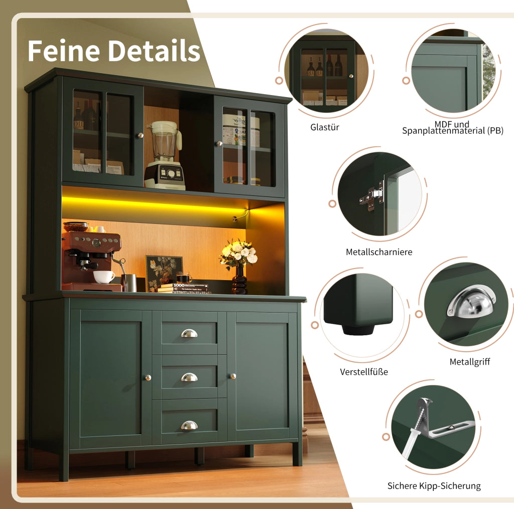 Credenza da cucina verde con LED e vetro, 120x40x179 cm