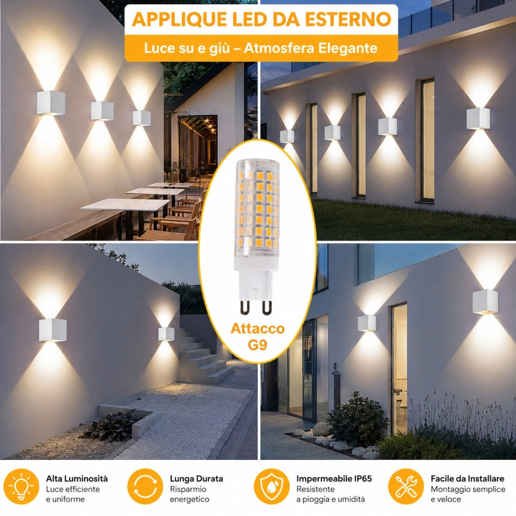 Applique da Esterno Bianca Cubo IP65 Lampadina G9 Sostituibile LED Moderna Parete Interno Esterno Fascio Regolabile