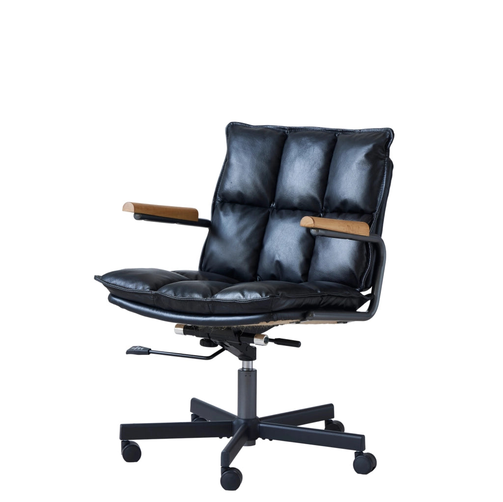 Sedia da ufficio girevole 360° in pelle nera con rotelle silenziose e braccioli in legno