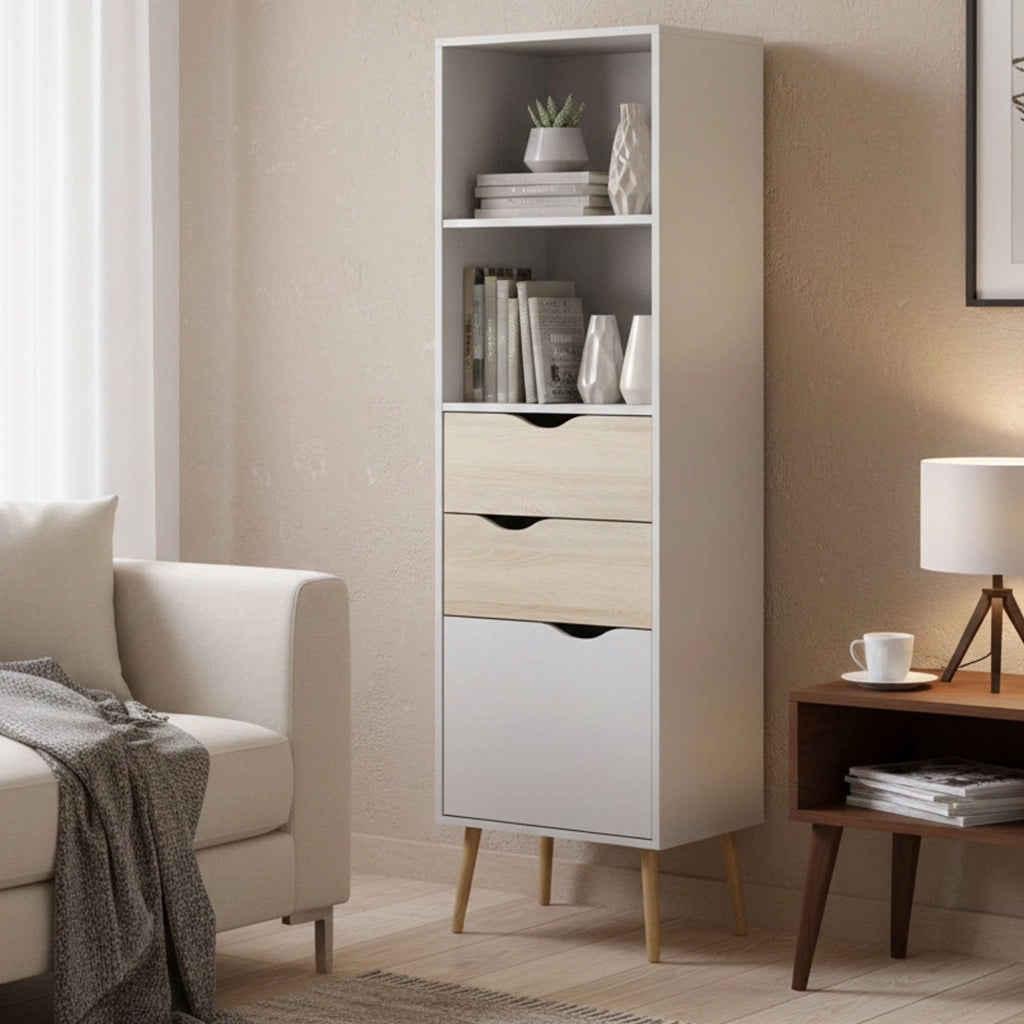 Libreria in stile scandi a due ripiani due cassetti e Assesor, colore bianco e rovere, Misure 50 x 171 x 39 cm