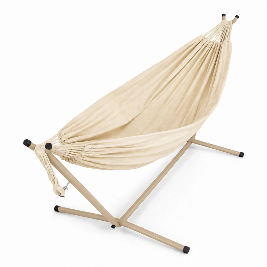 Amaca Brasiliana Con Supporto In Acciaio Altezza Regolabile Telo Cotone Da Esterno Per Giardino Balcone Piscina 100 x 110 x 265 Cm Beige