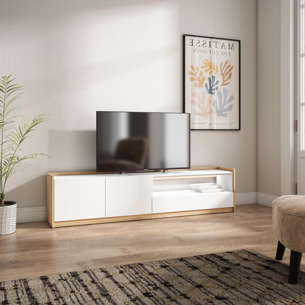 Mobile TV Soggiorno, 207x50x37 cm, Per TV fino a 80", LED, Bianco e Rovere soft