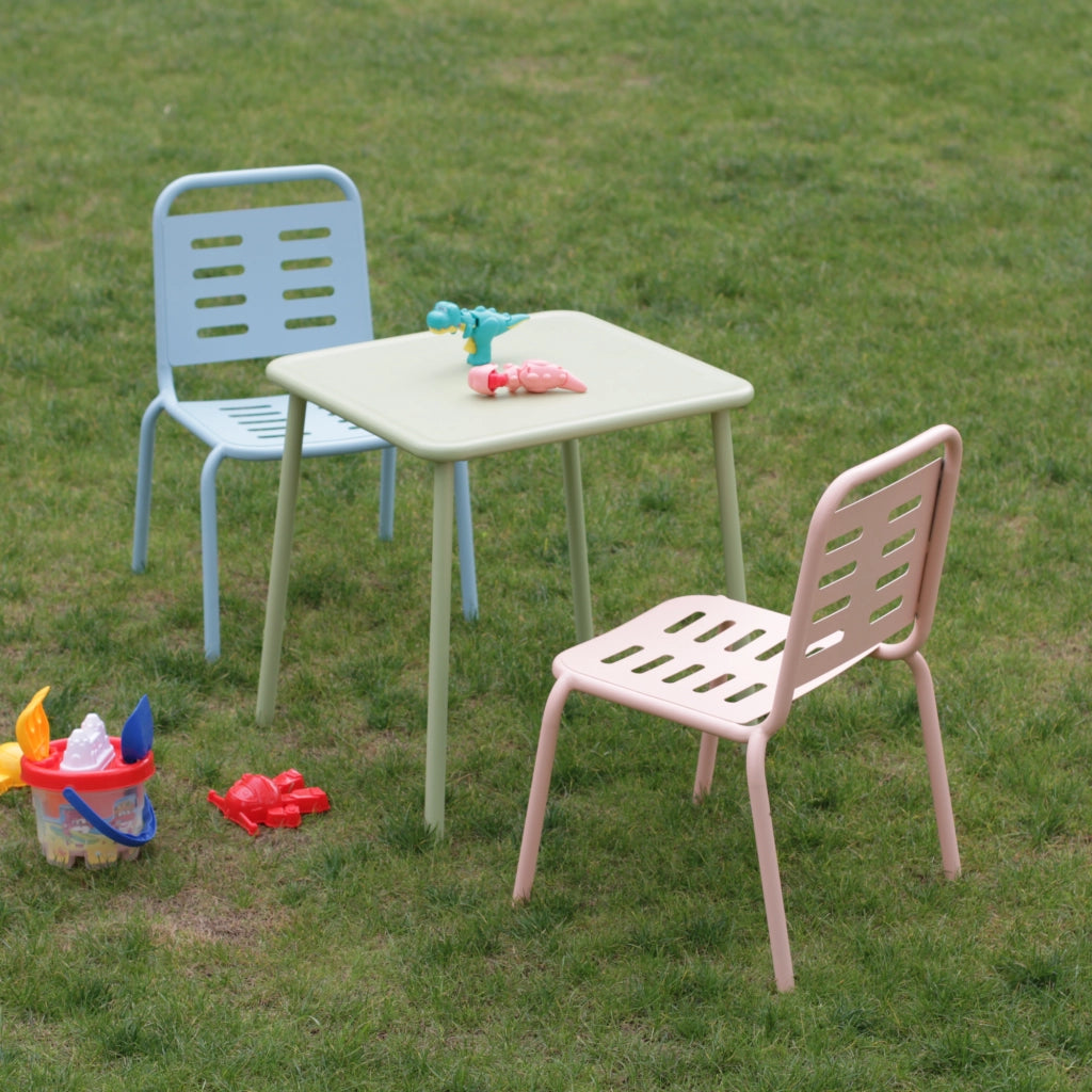 Set di 3 Mobili Etroubles per Bambini Tavolino e 2 Sedie per Esterno e Interno - Verde Salvia/Celeste/Pesca casa.pro