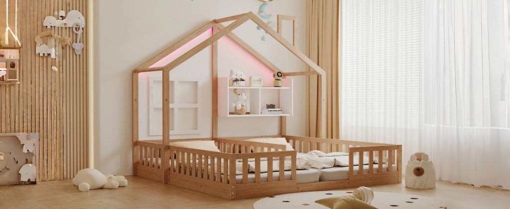 Letto per bambini a forma di casa con LED e doghe, 90x200 cm, legno