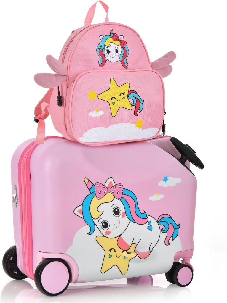 Set di Valigia Cavalcabile 18’’ + Zaino 12’’ per Bambini 2 Pezzi, Bagagli 2-in-1 di con Maniglia Telescopica e 4 Ruote, Trolley Bagaglio a Mano e Zaino per Bambini (Rosa Unicorno-C)