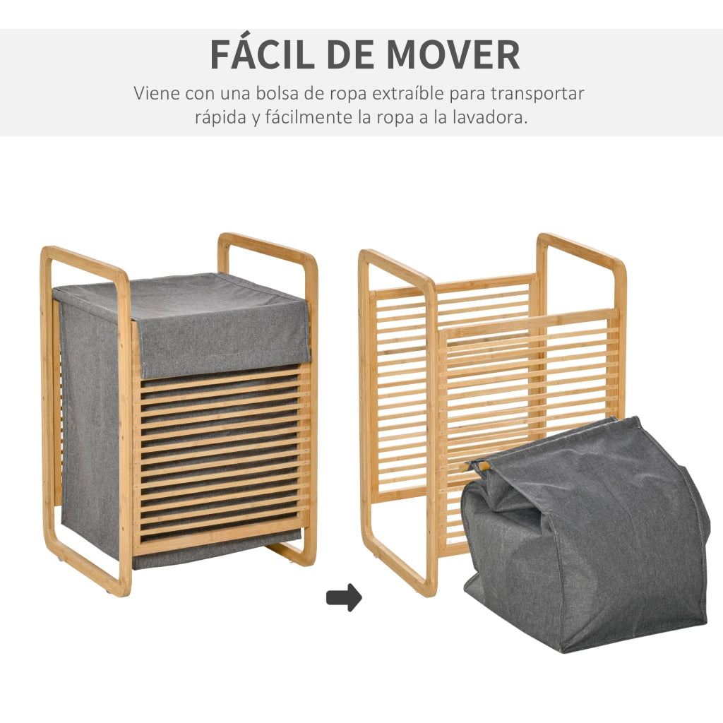 Cesto per bucato in bamb¨´ con tapa e sacchetto estraibile ¨C zephmum ¨C naturale e grigio 40x35.5x60.5 cm