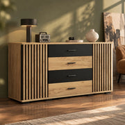 Credenza 140x35x70 cm con 4 cassetti e 2 ante in MDF nero e rovere HOMVRA