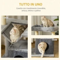 Albero Tiragraffi con Corde Sisal, Casetta e Amaca, Rivestimento Peluche e Feltro, Altezza 100cm, Grigio