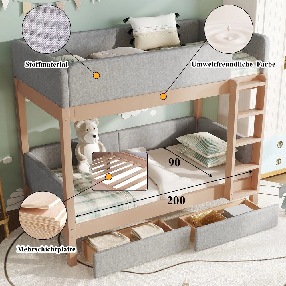 Letto a Castello per Bambini con Cassetti e Rete a Doghe ¨C Xylo ¨C Legno, Grigio/Naturale, 90x200cm