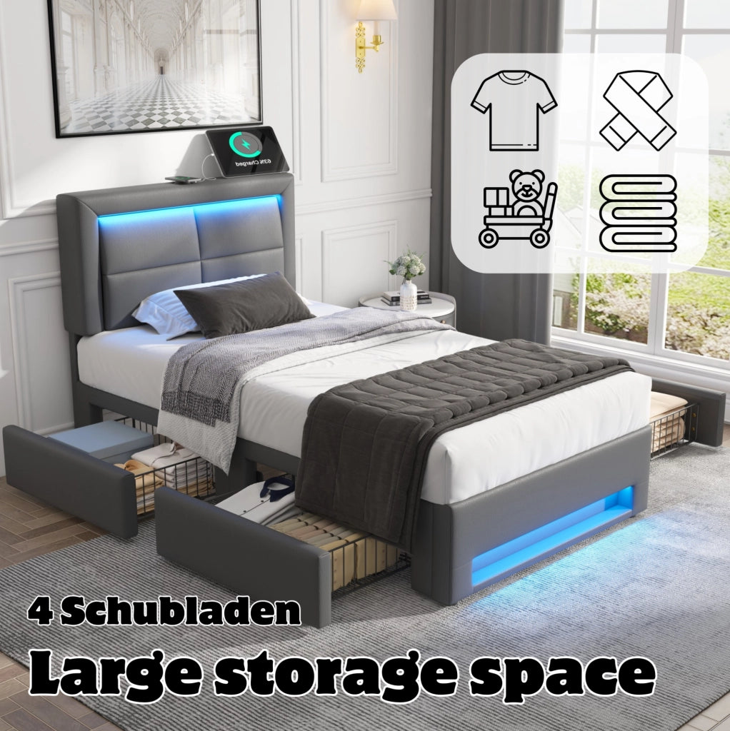 Letto imbottito 90x190 cm con USB; LED e 4 cassetti; PU grigio