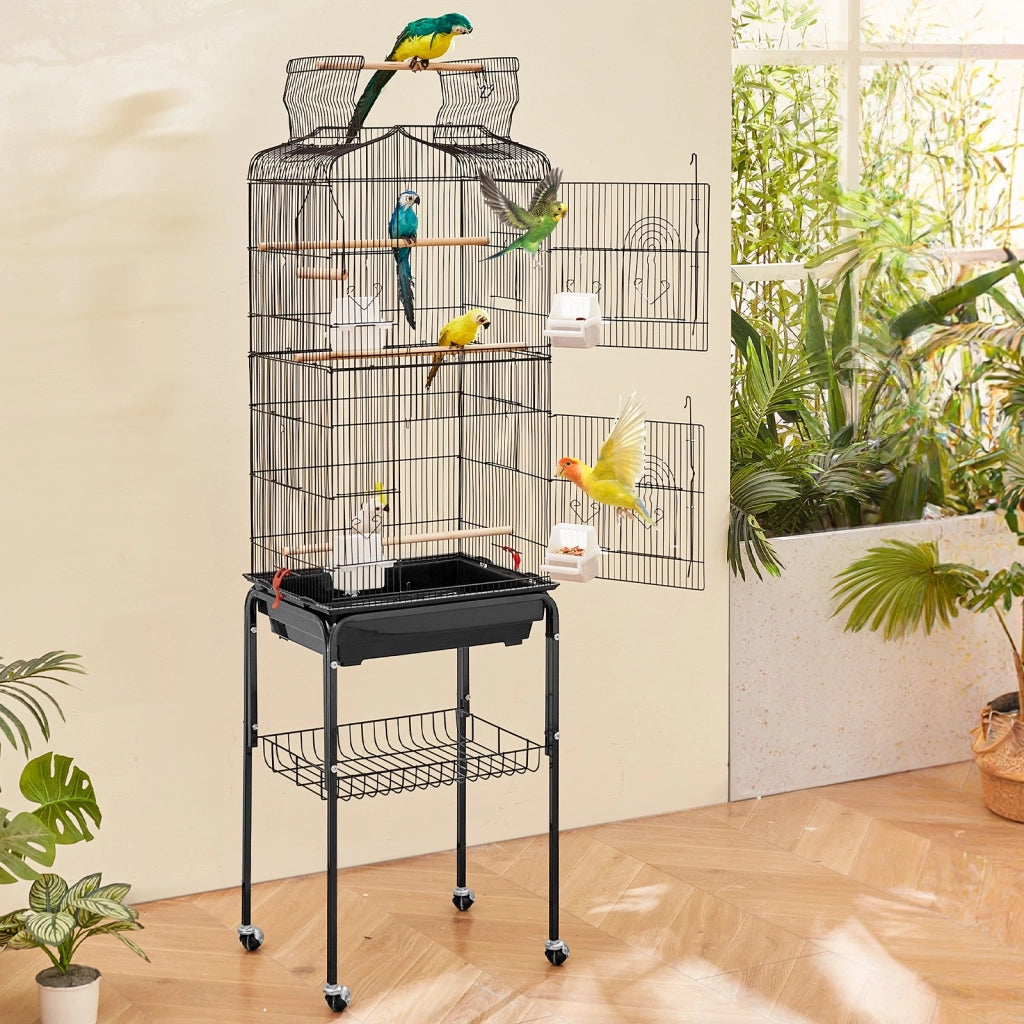 Gabbia per Uccelli e Parrocchetti Nera 45,7 x 35,5 x 151 cm con Supporto Mobile, Tetto Apribile e 4 Trespoli, Robusta e Pratica