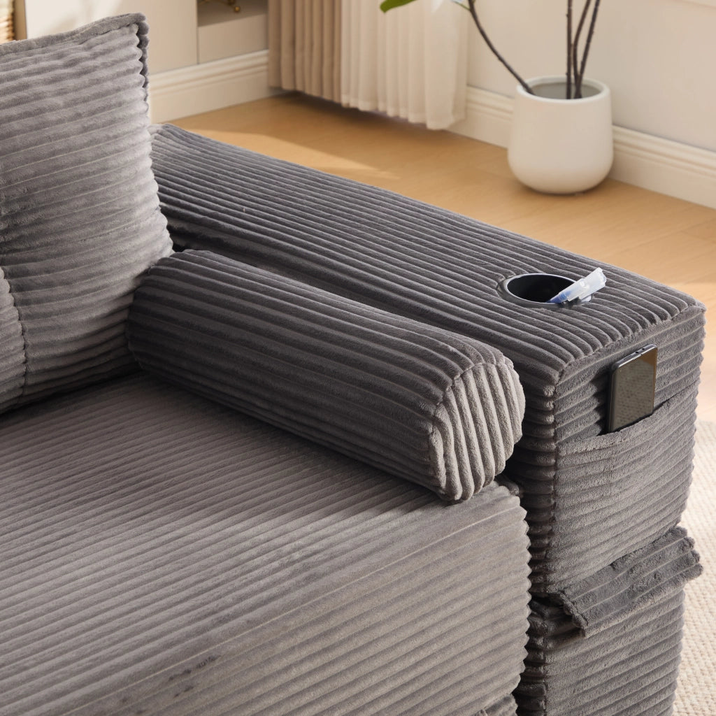 Divano letto modulare in corduroy a 2 posti, con cuscini Memory, tasche laterali e portabicchieri, grigio scuro