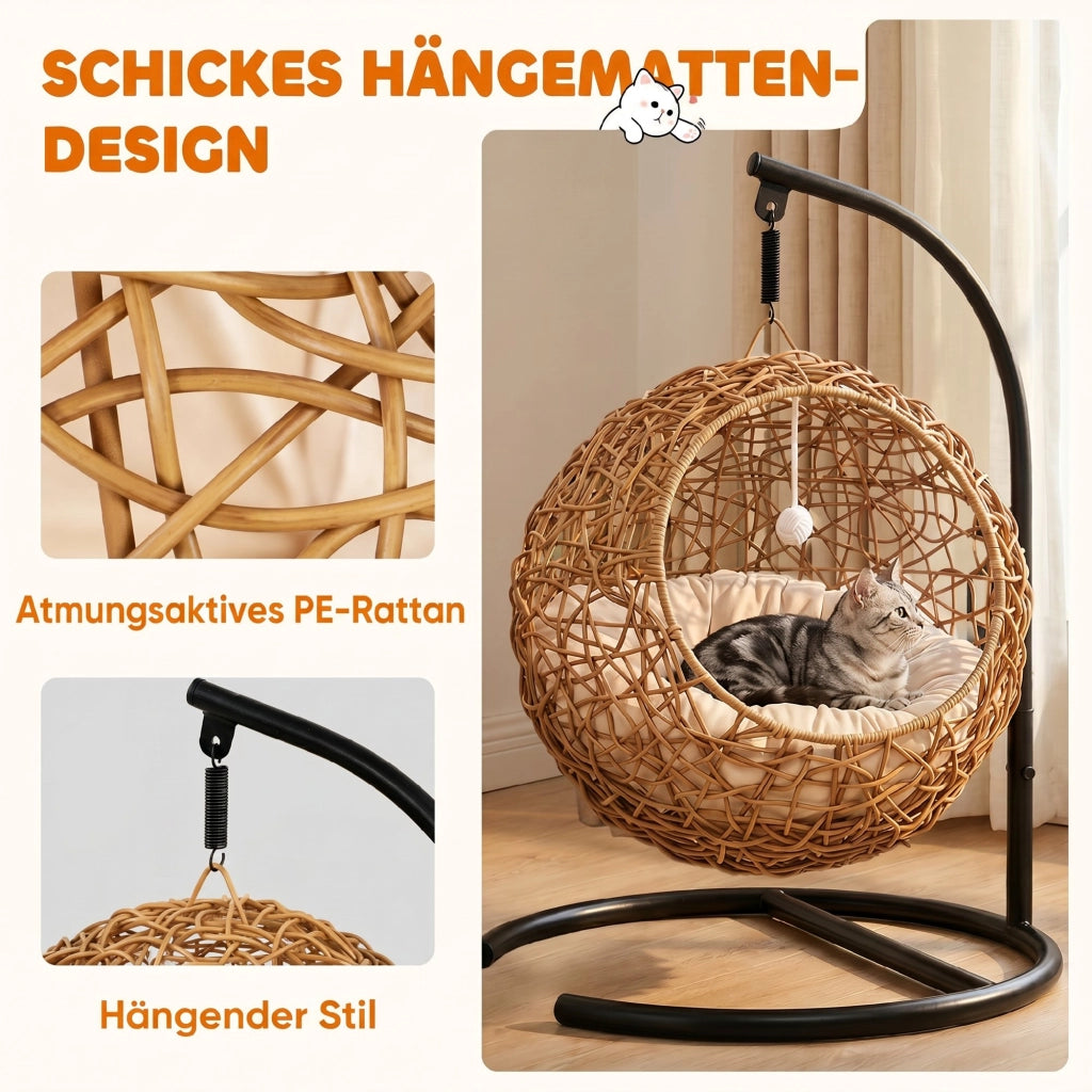 Letto per gatti in rattan con cuscino lavabile e palla ¨C zephmum ¨C 45x41x75 cm marrone chiaro