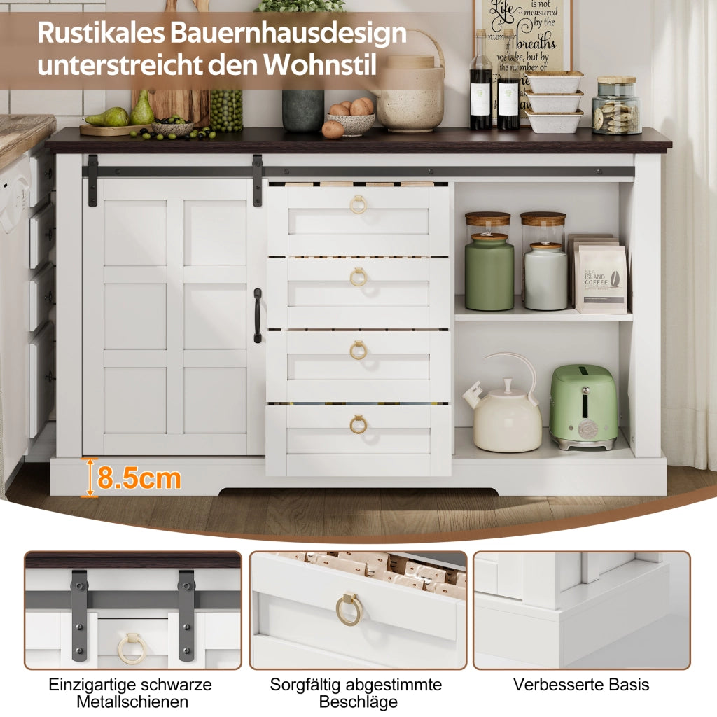 Credenza con 2 ante scorrevoli; 4 cassetti e ripiani regolabili per cucina in MDF bianco 150×40×85 cm