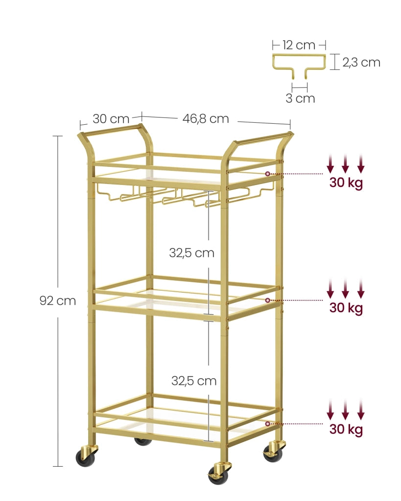 Carrello da cucina a 3 ripiani con ruote 30 x 468 x 92 cm maniglia in vetro riflettente carrello di servizio per piccoli spazi cucina sala da pranzo bagno soggiorno oro 2_0004991