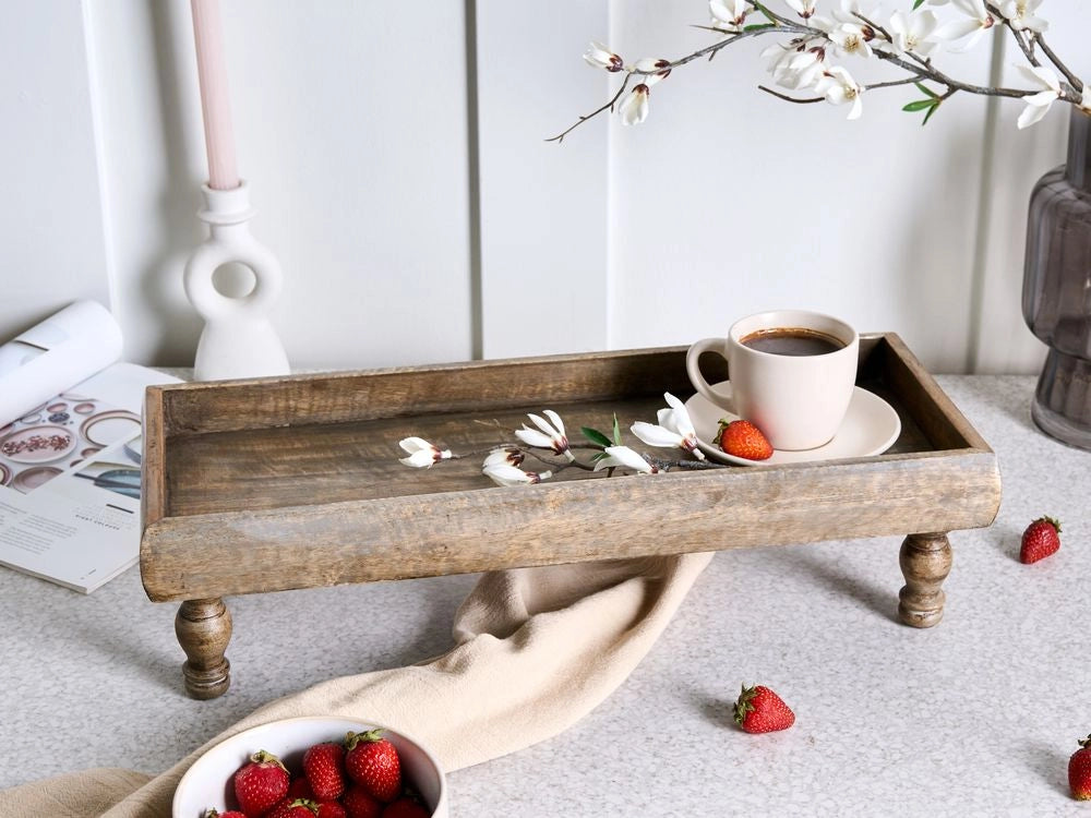 Vassoio da portata decorativo elegante Supporto per torte Portapasticceria Display Legno di mango Marrone