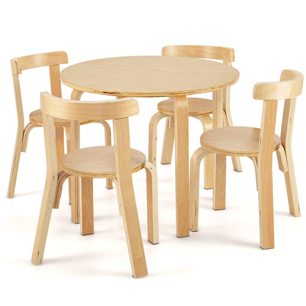 Set tavolo e sedie per bambini da 5 pezzi con schienale curvo in legno-Tavolo attività con 4 sedie Naturale