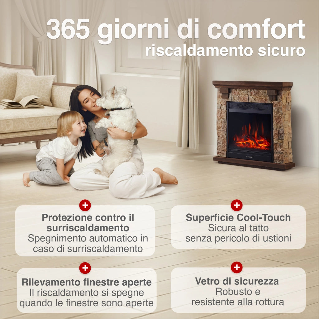 KAMINIO Camino elettrico JUAN - Camino elettrico da appoggio effetto pietra con riscaldamento, effetto fiamma 3D, telecomando - Beige