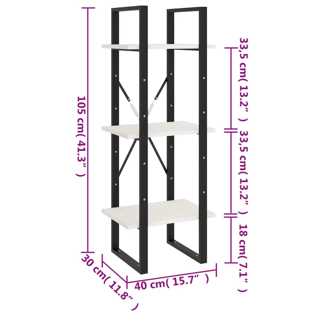 Libreria a 3 Ripiani-Scaffale per Libri-Mobile di Stoccaggio Bianca 40x30x105 cm Legno Massello di Pino