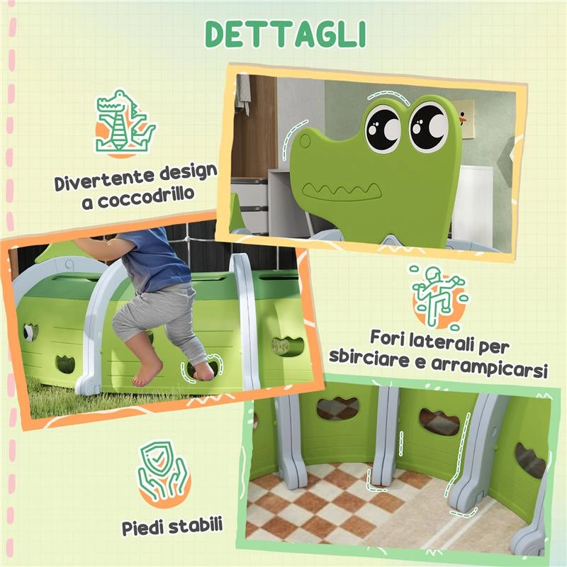 TUNNEL PER BAMBINI 3-6 ANNI A FORMA DI COCCODRILLO, GIOCO PER INTERNO ED ESTERNO IN PLASTICA, VERDE