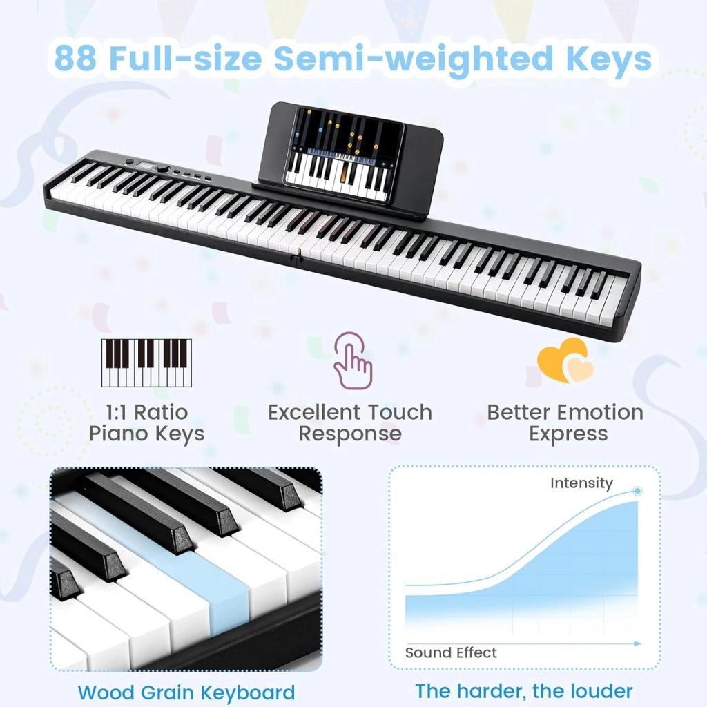 Pianoforte Digitale 88 Tasti Pieghevole, Tastiera Elettronica Multifunzionale con Pedale Sustain per Principianti, Pianola Portatile con Borsa per Pianoforte (Nero)