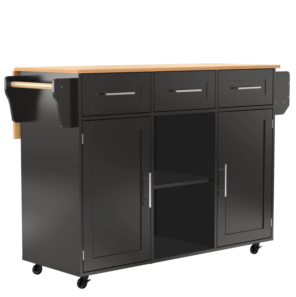 Küchenwagen con piano ribaltabile e 3 cassetti 139x46(71)x91;5 cm nero/naturale