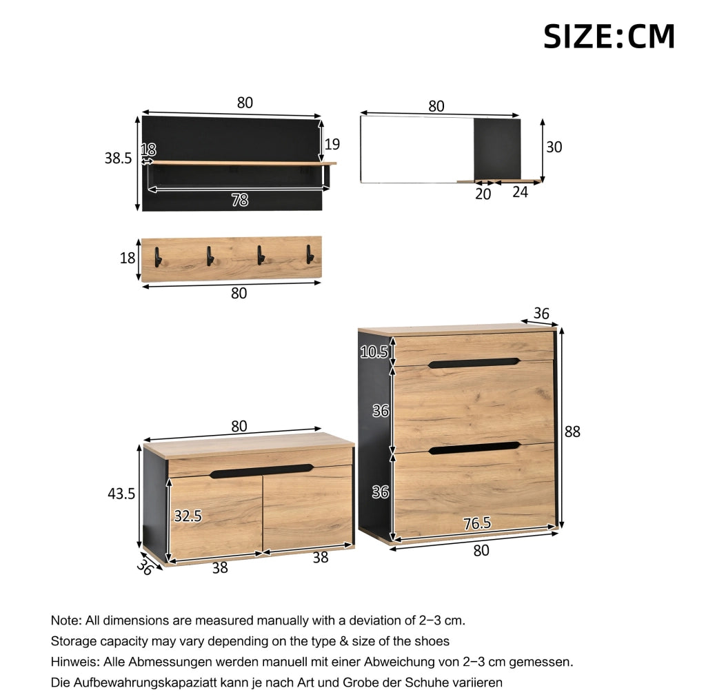 Set guardaroba modulare con scarpiera, panca, specchio e 4 ganci, naturale e nero
