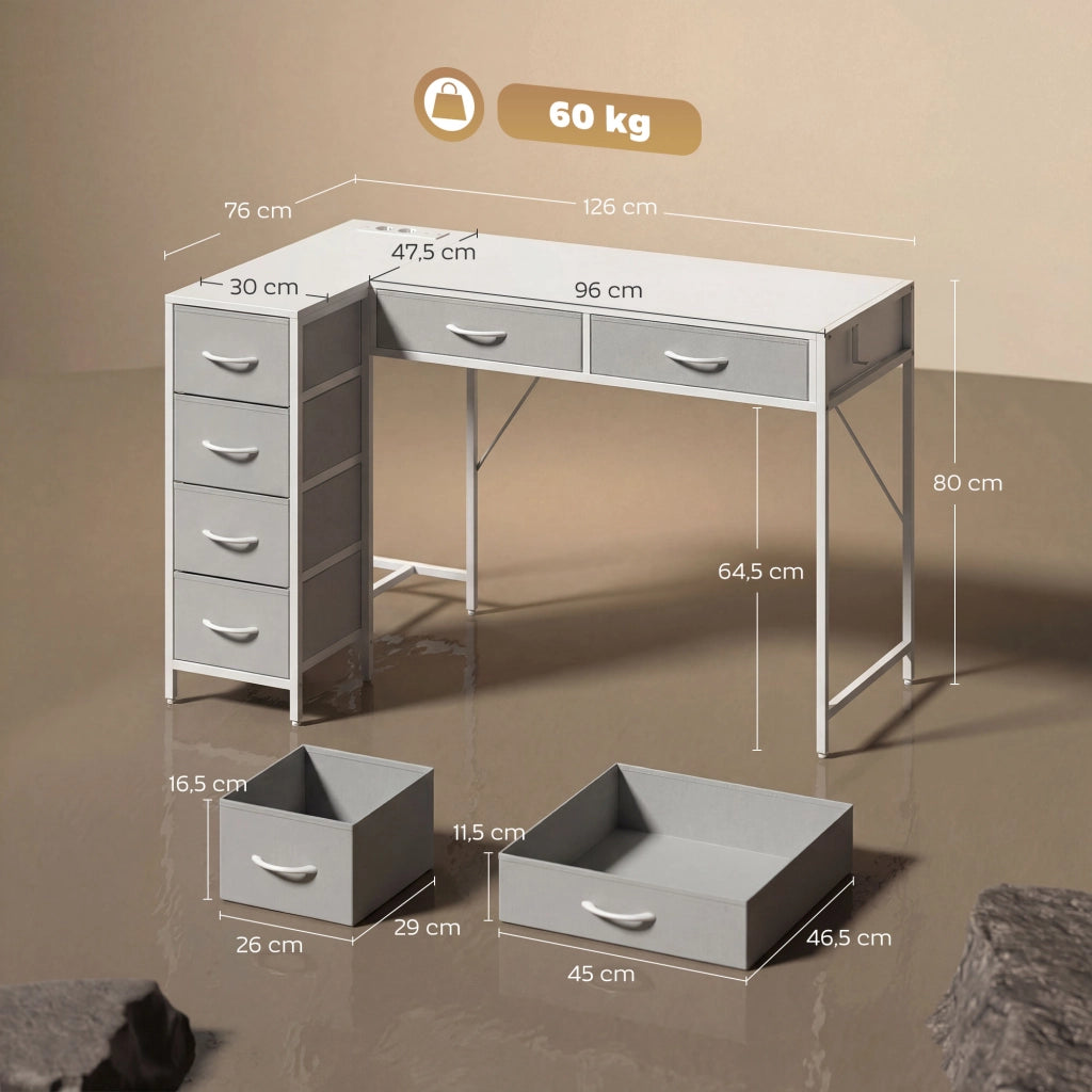 Scrivania angolare con 6 cassetti e prese ¨C zephmum ¨C 126x48x? cm bianco