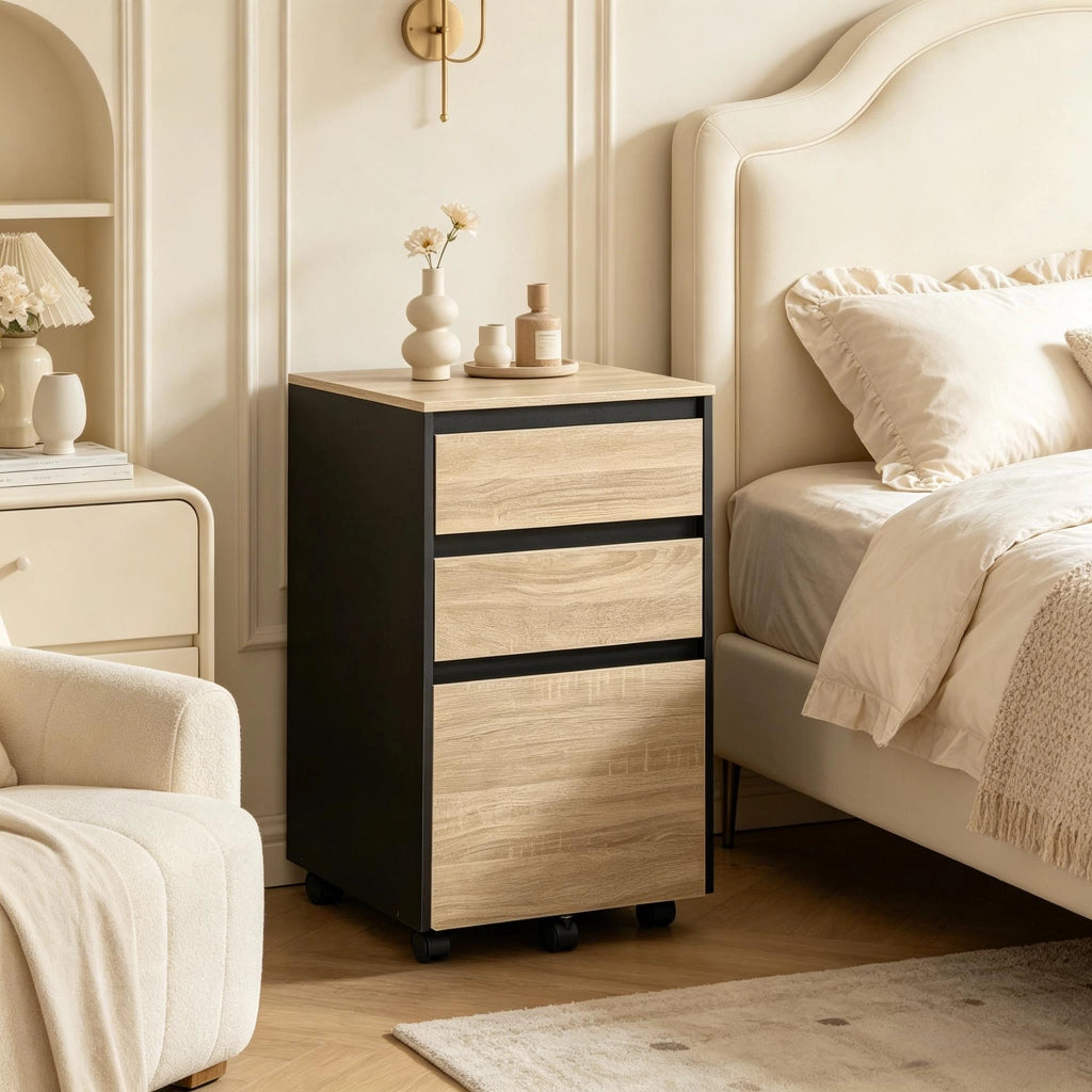 Mobile archivio con ruote, 1 vassoio e 3 cassetti, 40x40x70 cm, nero e rovere chiaro