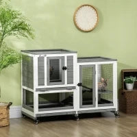 Conigliera interna in legno con ruote 3 piani rampe, 110L x 50l x 86H cm, grigio e bianco