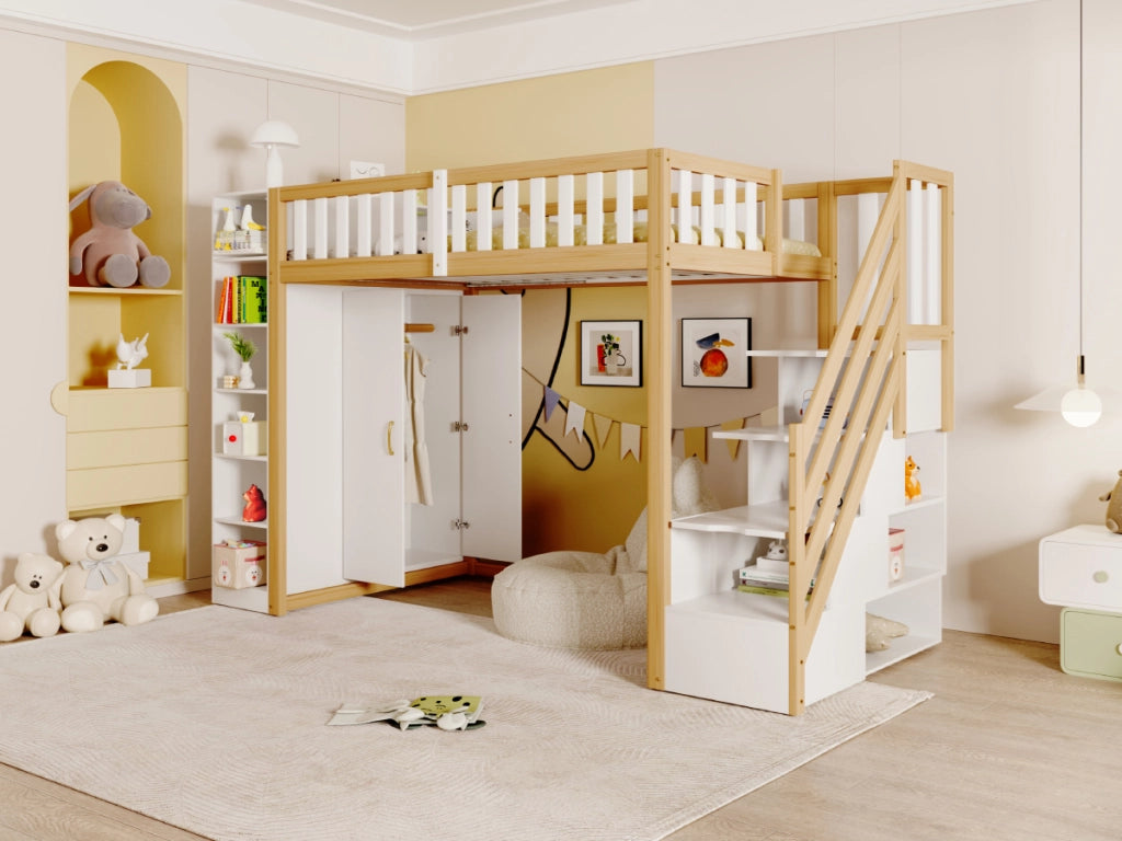 Letto a castello bianco e legno naturale con armadio scaffali e scala portante 90x200 cm