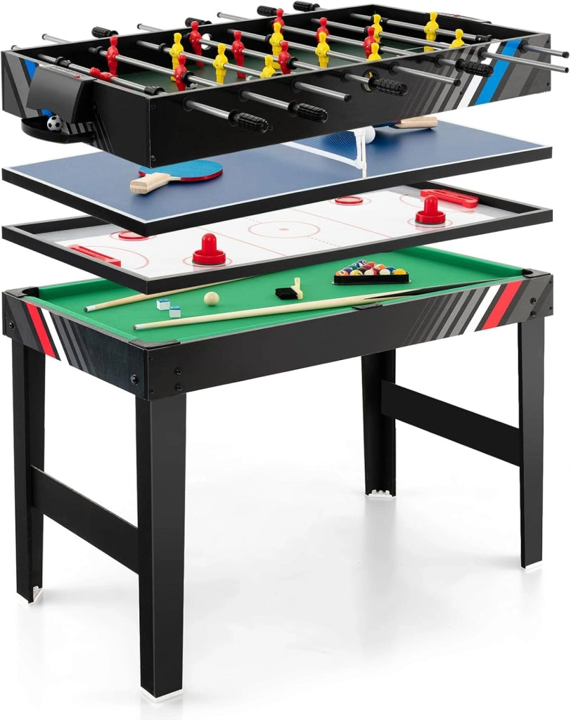 4 in 1 Tavolo Multigioco, Calcio Balilla/Tavolo da Biliardo/Ping Pong/Air Hockey, Calcetto Multigioco Impilabile per Casa Feste Bar, 125x97x83 cm