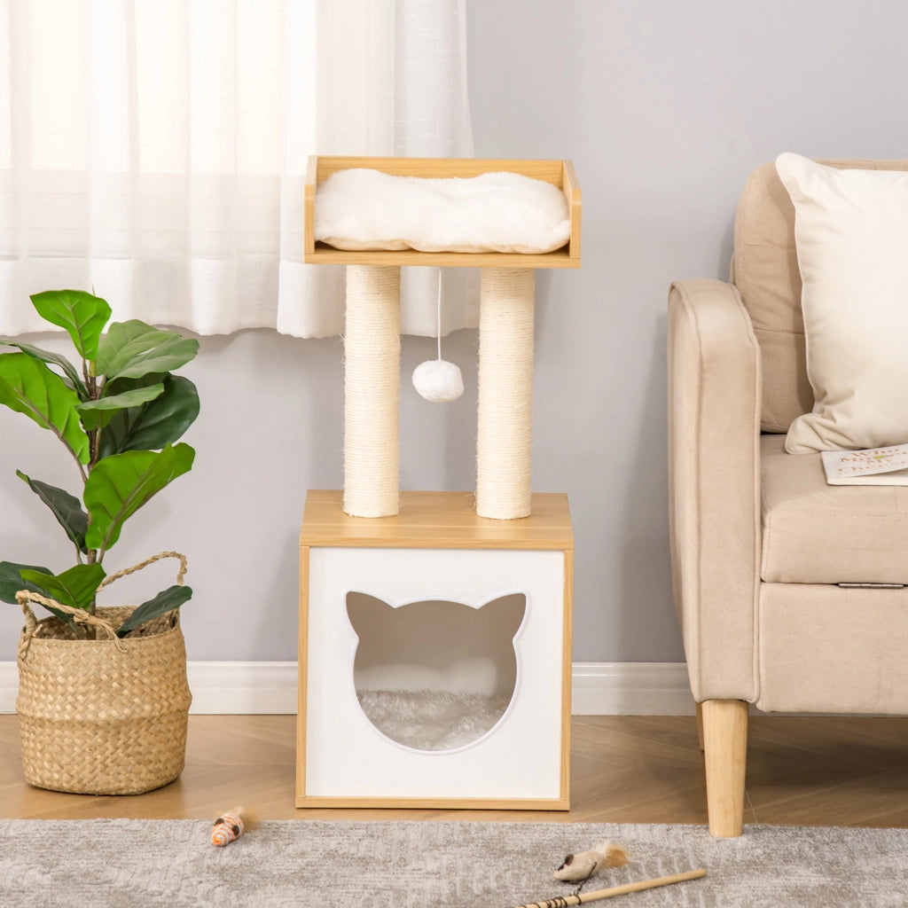 Cuccia per gatti con cuscino lavabile, piattaforma, tiragraffi e pallina gioco ¨C Xylo ¨C 35x35x81 cm quercia