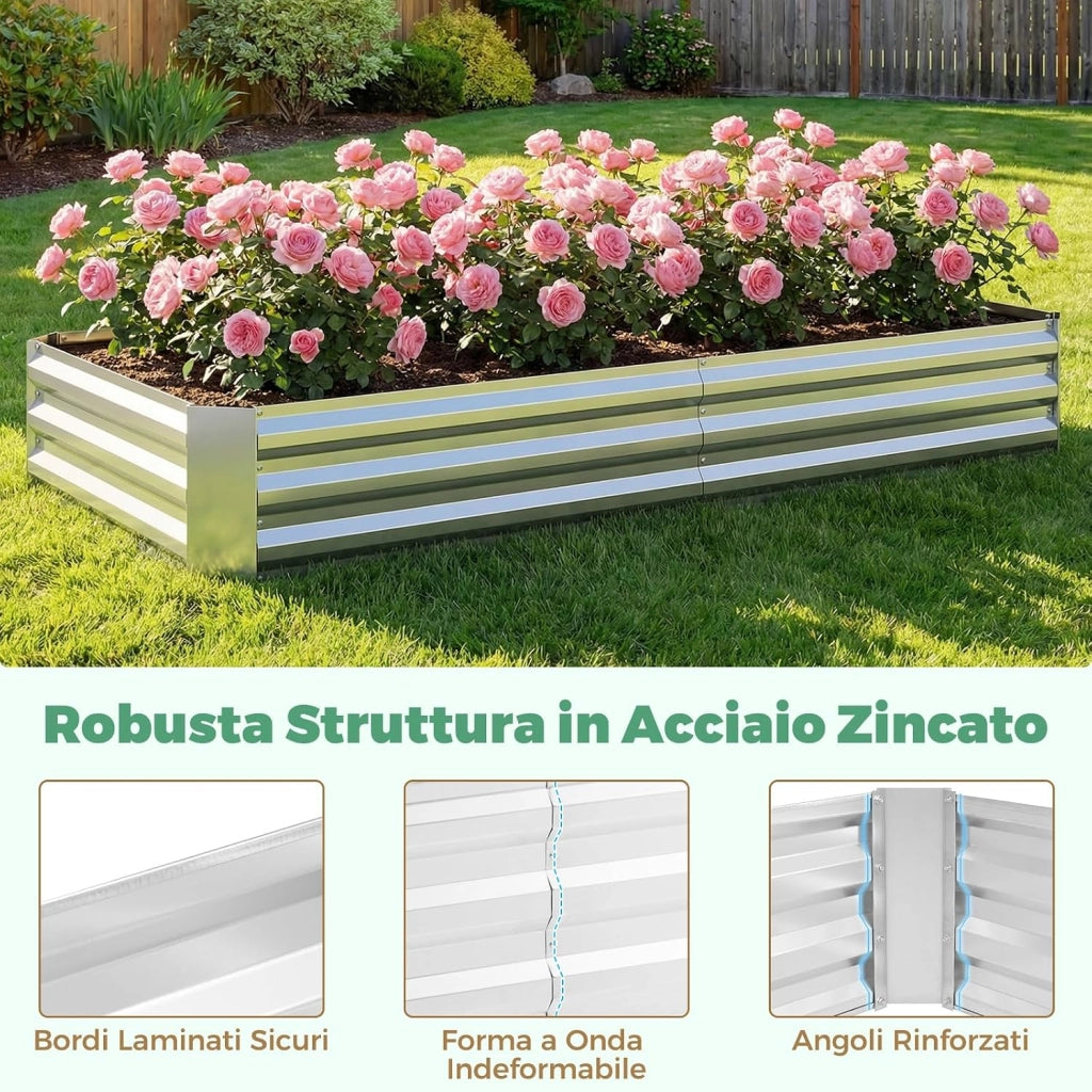 Orto Rialzato Zincato con Serra, Aiuola Senza Fondo con Copertura Trasparente, Fioriere con Finestre Avvolgibili per Giardino e Terrazzo (202 x 101 x 81 cm)
