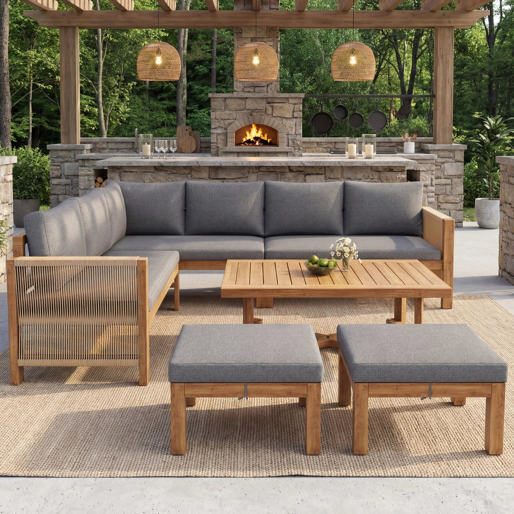 Set Divano Angolare da Giardino 6 Posti in Legno Acacia con Cuscini e Tavolino ¨C MINIMAL ¨C Beige