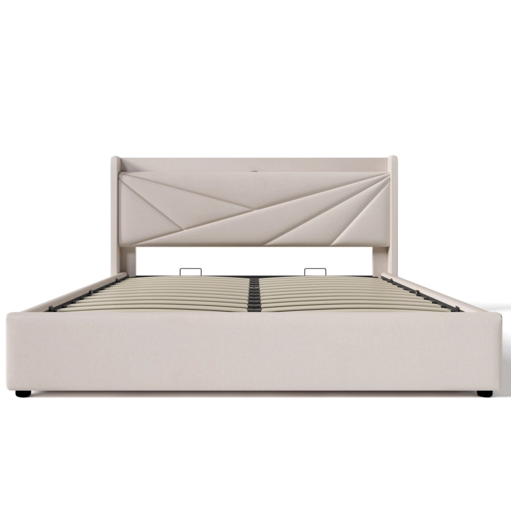 Letto matrimoniale 160x200 cm con contenitore; testiera USB e Type-C; beige; con materasso
