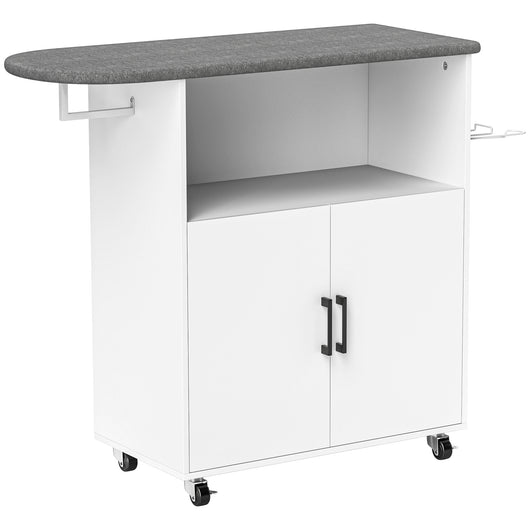 Mobile Asse da Stiro 125x43.5x102.5 cm con Armadietto a 2 Ante e Spazio Aperto Bianco