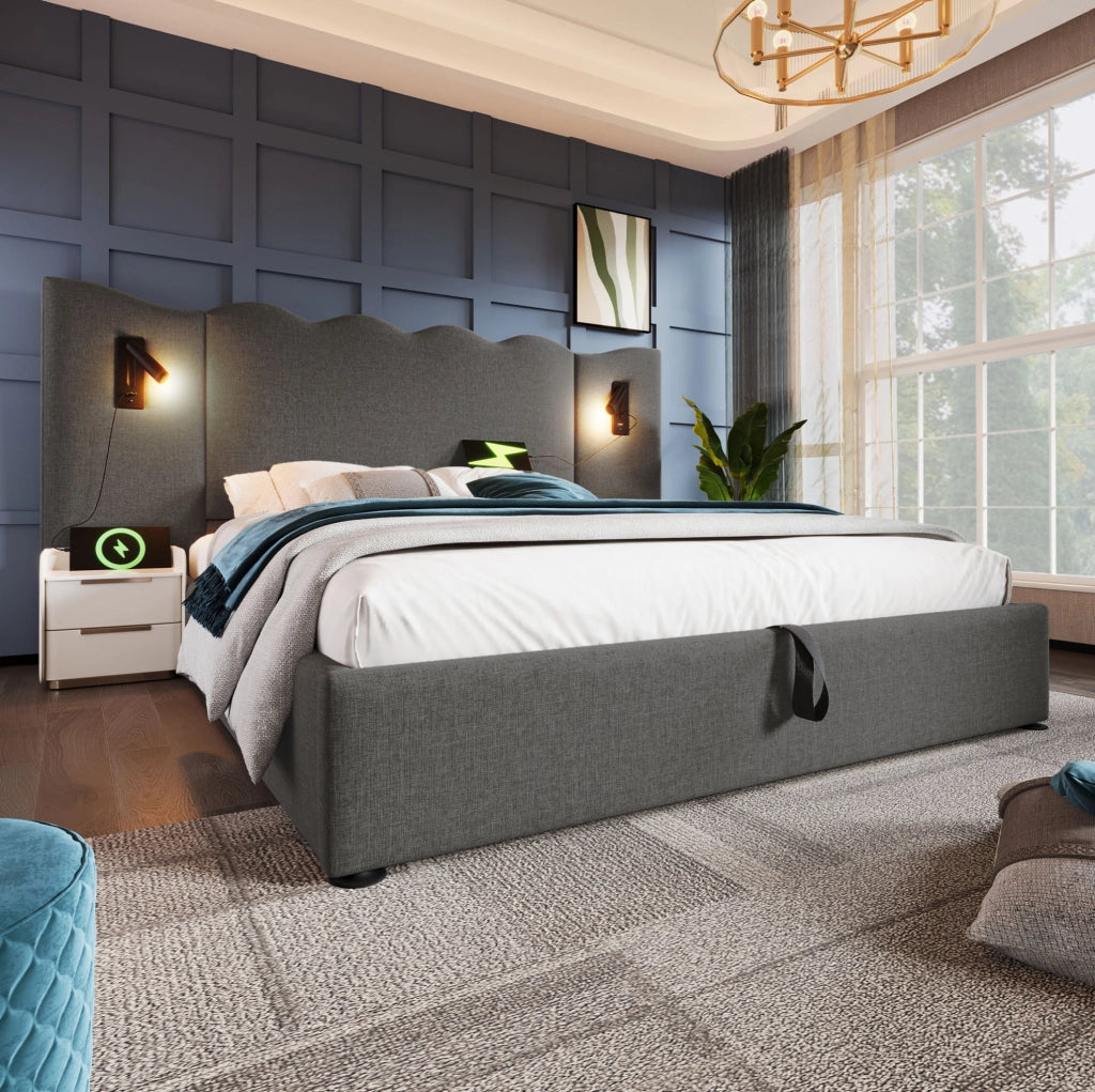 Letto matrimoniale 160x200 cm con contenitore; luce da lettura e porte USB Type-C; grigio