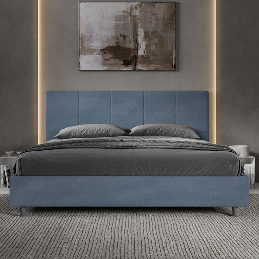 Letto Matrimoniale King Size 200x200 cm con Rete Imbottito in Microfibra Mika Blu