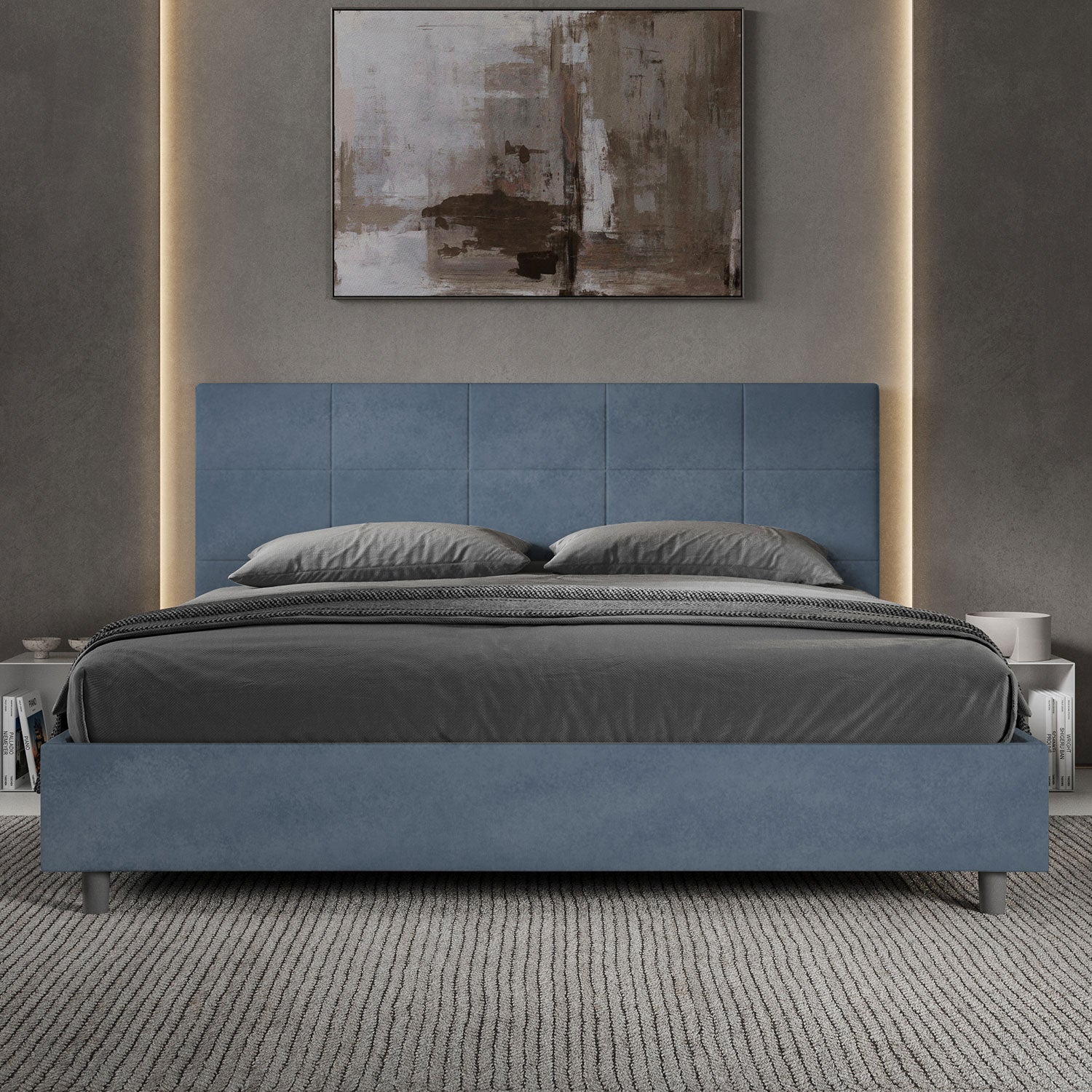 Letto Matrimoniale King Size 200x210 cm Senza Rete Imbottito in Microfibra Mika Blu