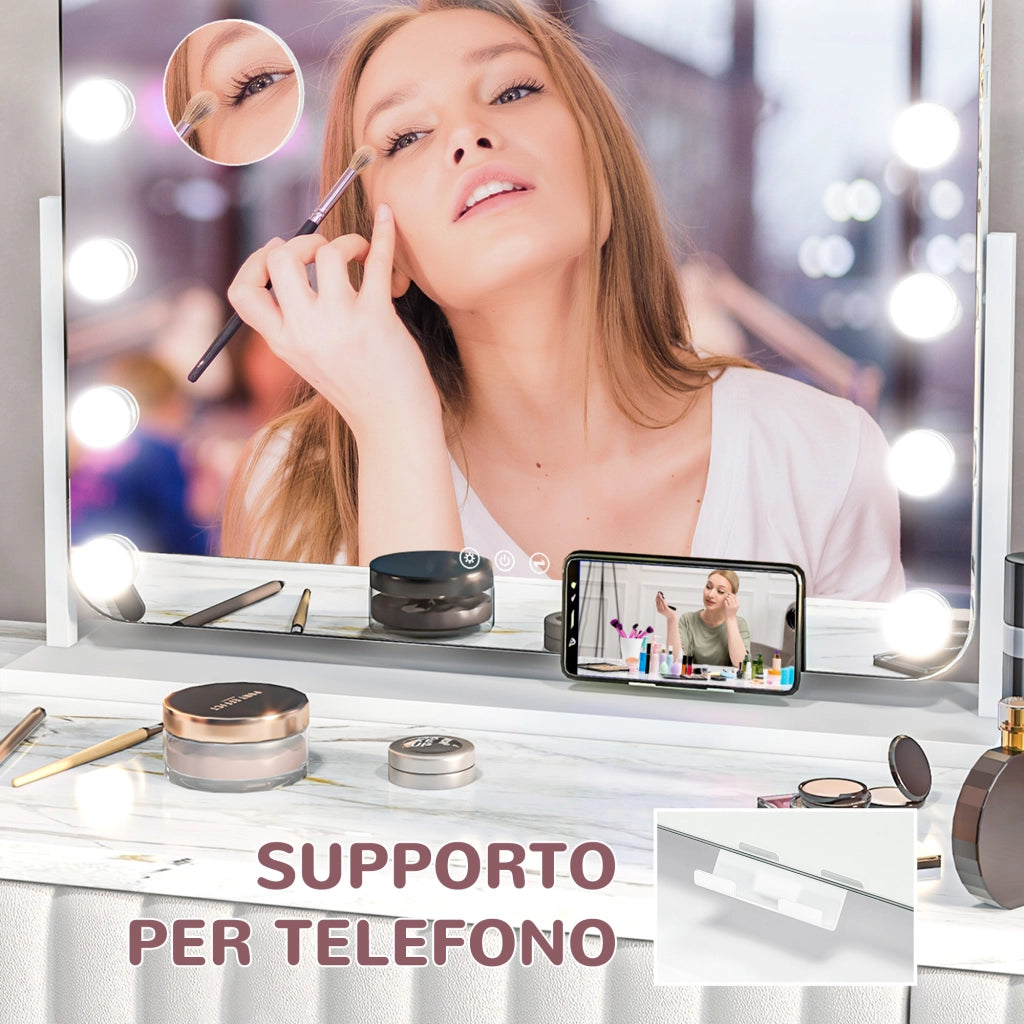 Specchio da Tavolo in Vetro con 14 Luci LED Regolabili e Ricarica USB 62,5x14x49,5 cm  per Trucco Make up Bianco