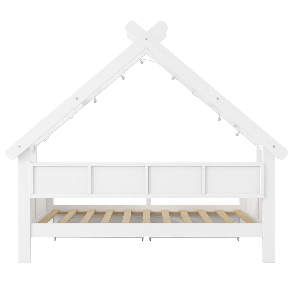 Letto a casetta 90x200 cm con LED; ripiani; 2 cassetti e protezione; bianco