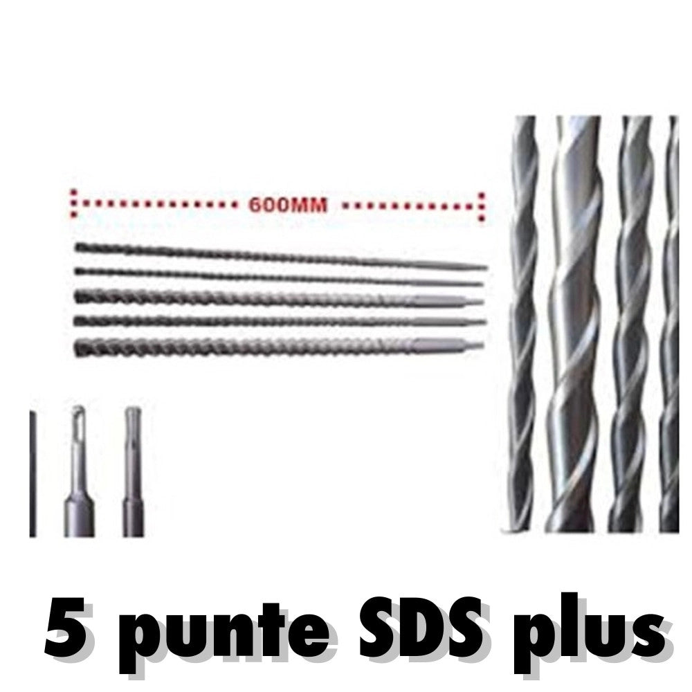 Trade Shop - Punte Giganti 600mm Sds Plus Set 5 Pezzi Per Muro Cemento Calcestruzzo -